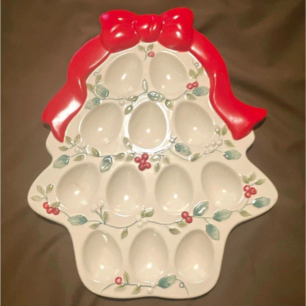 Pfaltzgraff Christmas Ceramic 12-Compartment Egg Platter White Red Green